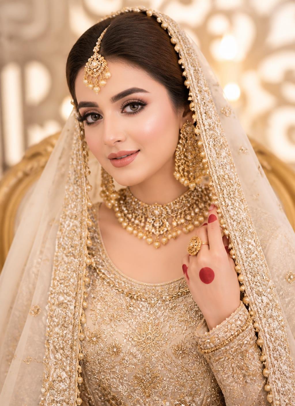 Pakistani bride with signature Allure bridal makeup and gold jewellery