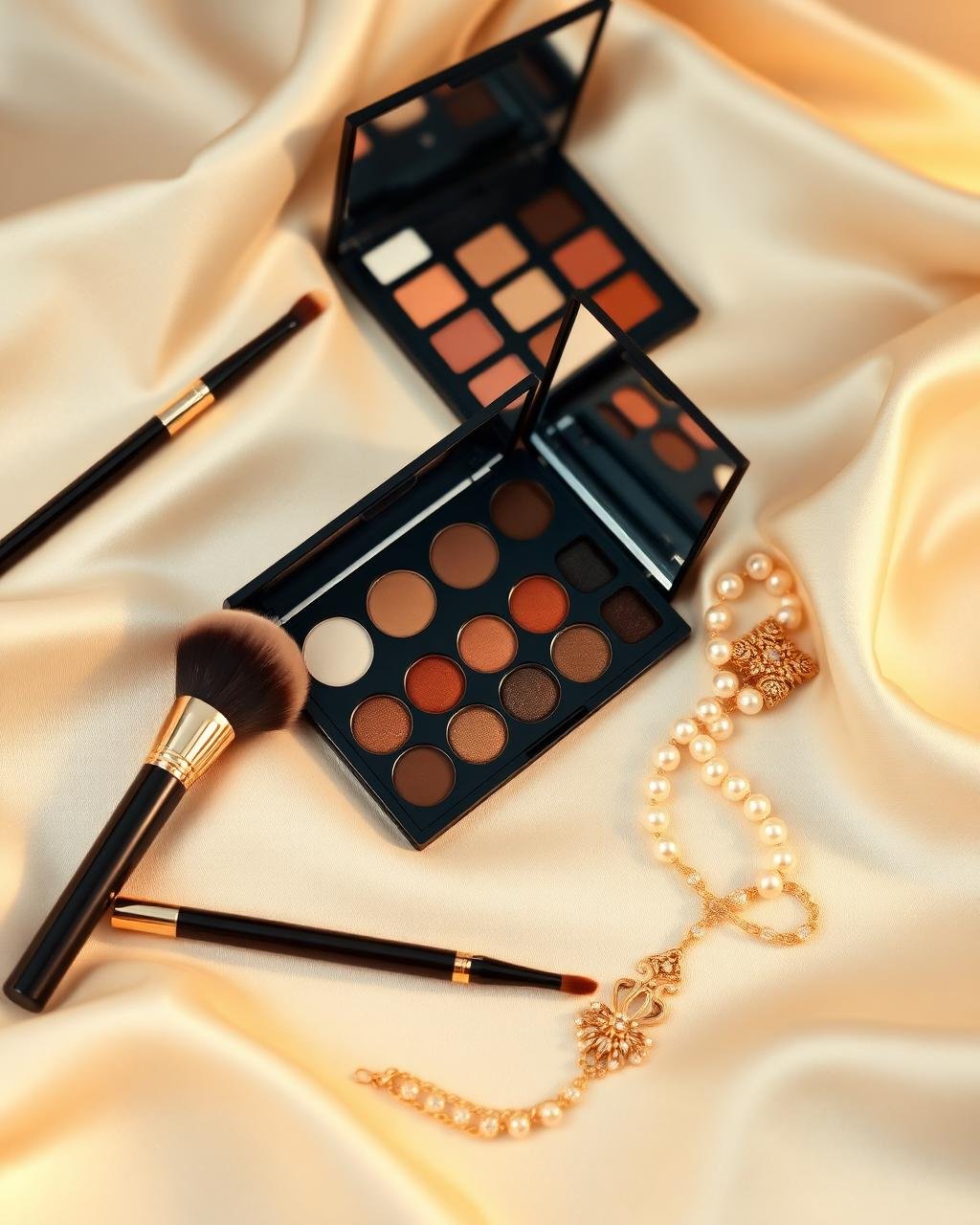 Luxury bridal makeup kit on ivory silk